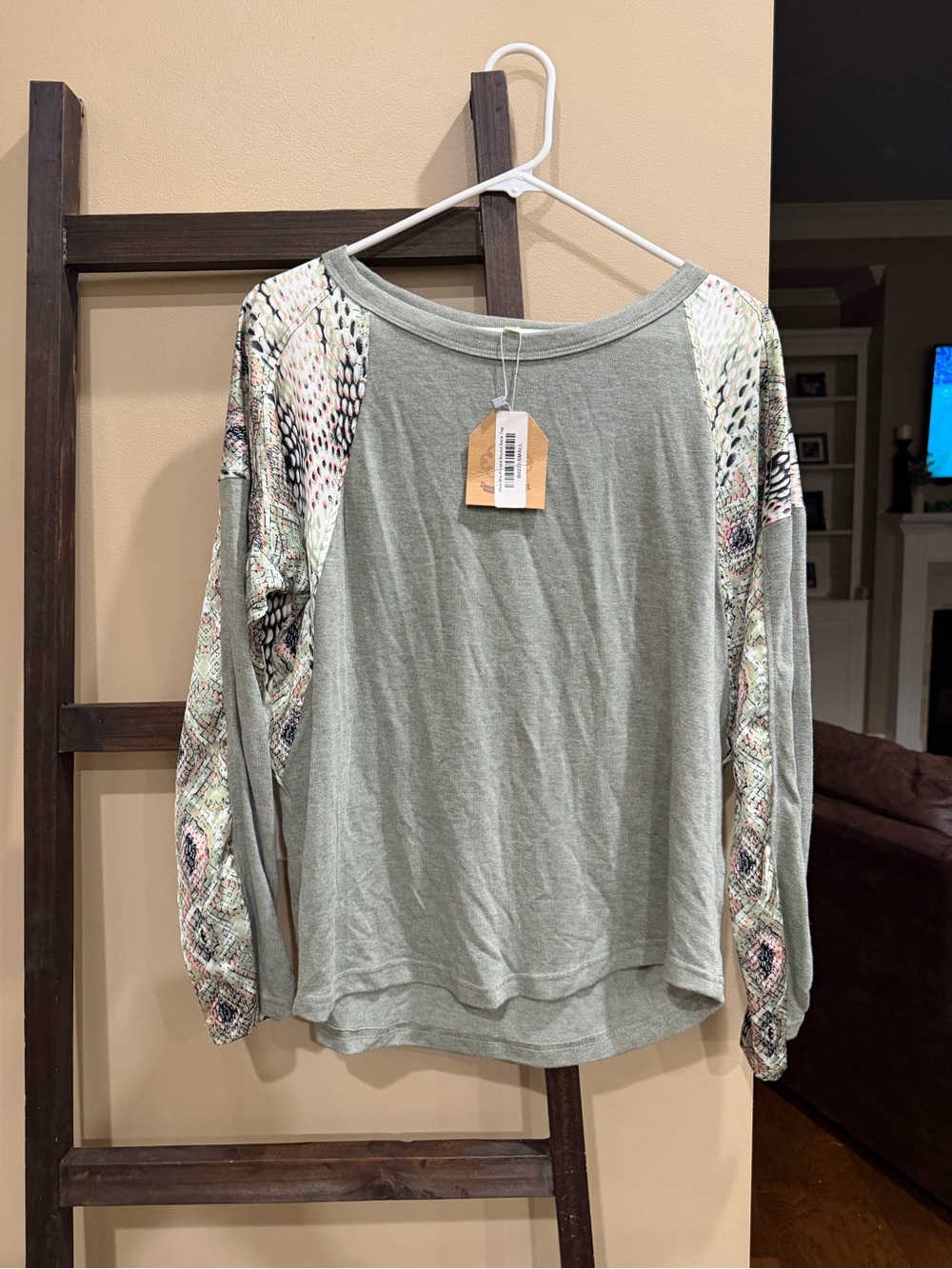 Kori Sage Green Long Sleeve Raglan Top with Patterned Sleeves